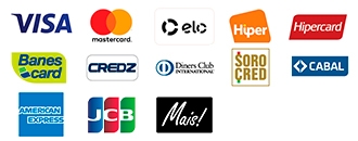 Cartões de crédito:Mastercard, Visa, Hiper, Elo, Dinners, SoroCred, American Express, HiperCard, JCB, Banes Card, Cabal, Mais!, Credz